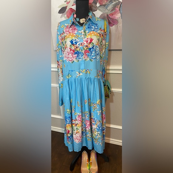 Blue Floral Collared Bishop Sleeve Dress || Size 2XL - Picture 6 of 14